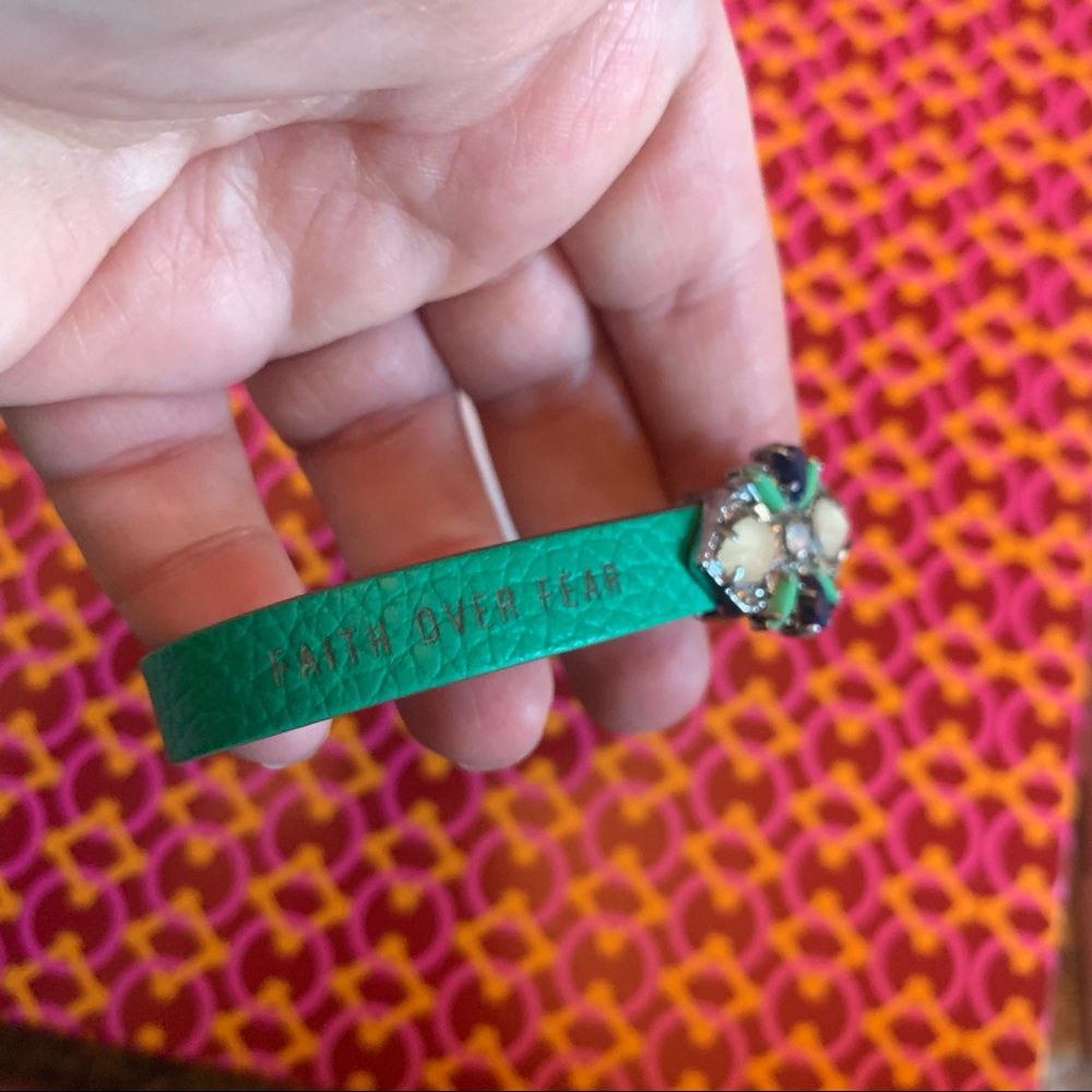Keep Collective Kelly green leather bracelet with statement, “FAITH OVER FEAR”